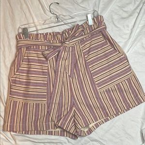 Francesca’s Brand, high waist, pink-toned, striped shorts, with tie belt.